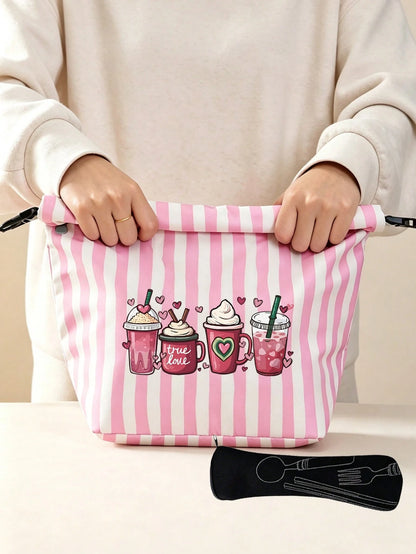 Milk Tea Print Pattern Bento Tote Bag, Pink And Magenta Striped Printed Handbag, With Black Cutlery Storage Bag, Yard Picnic Supplies, Large Capacity Insulated Lunch Bag, Student Lunch Insulated Bag