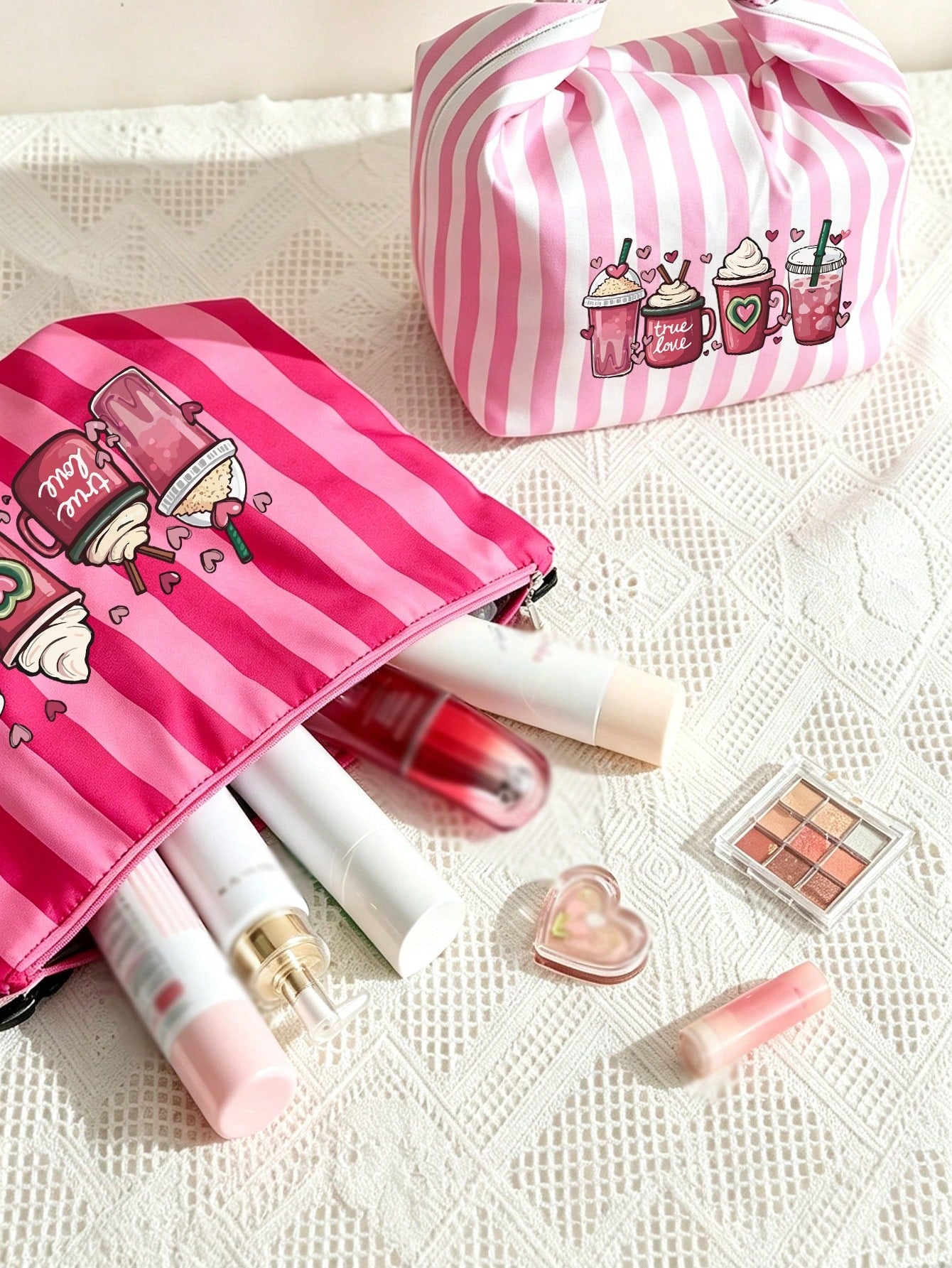 Milk Tea Print Pattern Bento Tote Bag, Pink And Magenta Striped Printed Handbag, With Black Cutlery Storage Bag, Yard Picnic Supplies, Large Capacity Insulated Lunch Bag, Student Lunch Insulated Bag