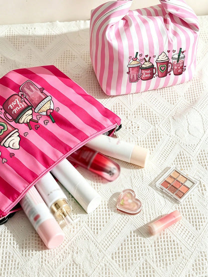 Milk Tea Print Pattern Bento Tote Bag, Pink And Magenta Striped Printed Handbag, With Black Cutlery Storage Bag, Yard Picnic Supplies, Large Capacity Insulated Lunch Bag, Student Lunch Insulated Bag