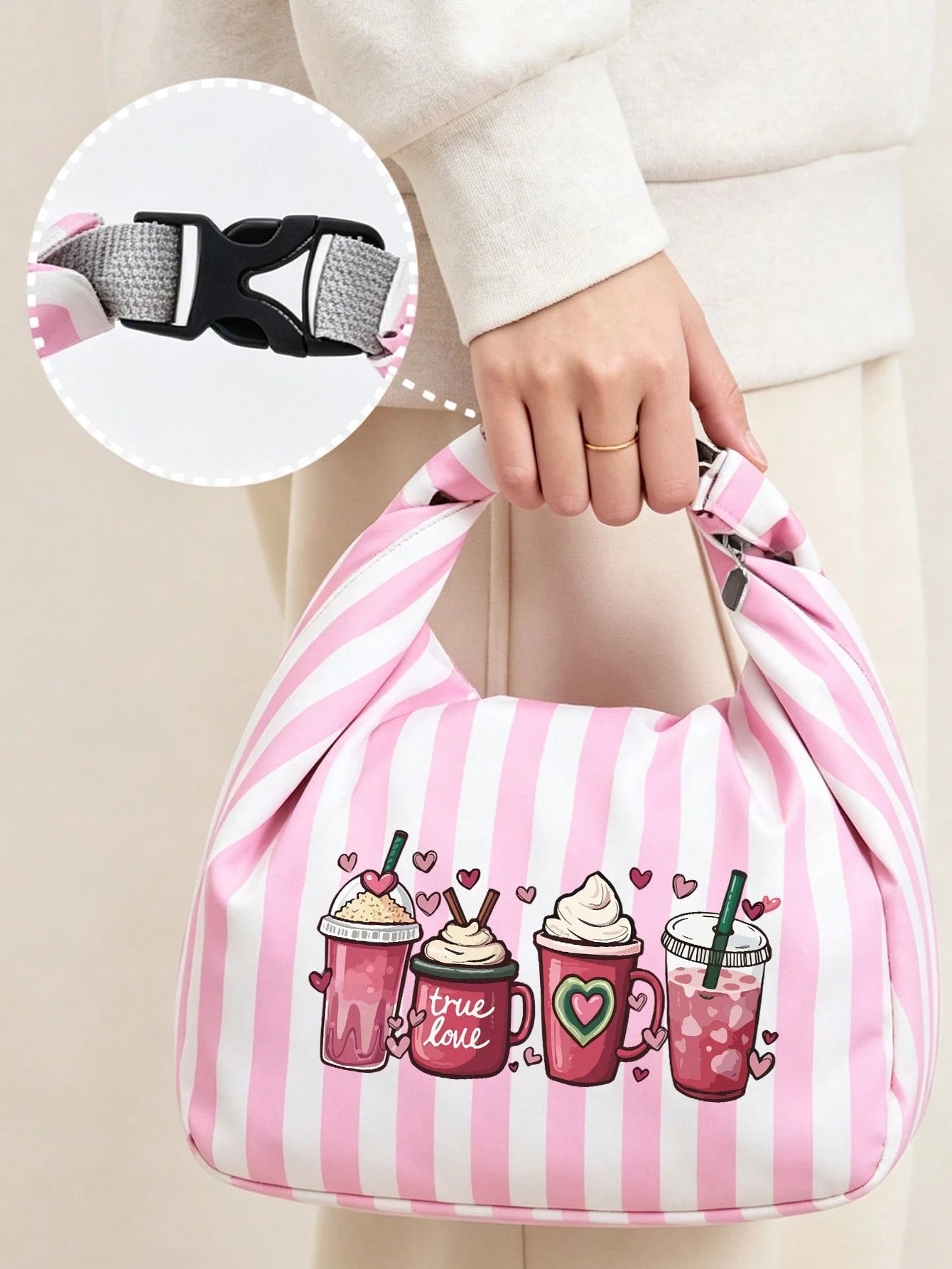 Milk Tea Print Pattern Bento Tote Bag, Pink And Magenta Striped Printed Handbag, With Black Cutlery Storage Bag, Yard Picnic Supplies, Large Capacity Insulated Lunch Bag, Student Lunch Insulated Bag