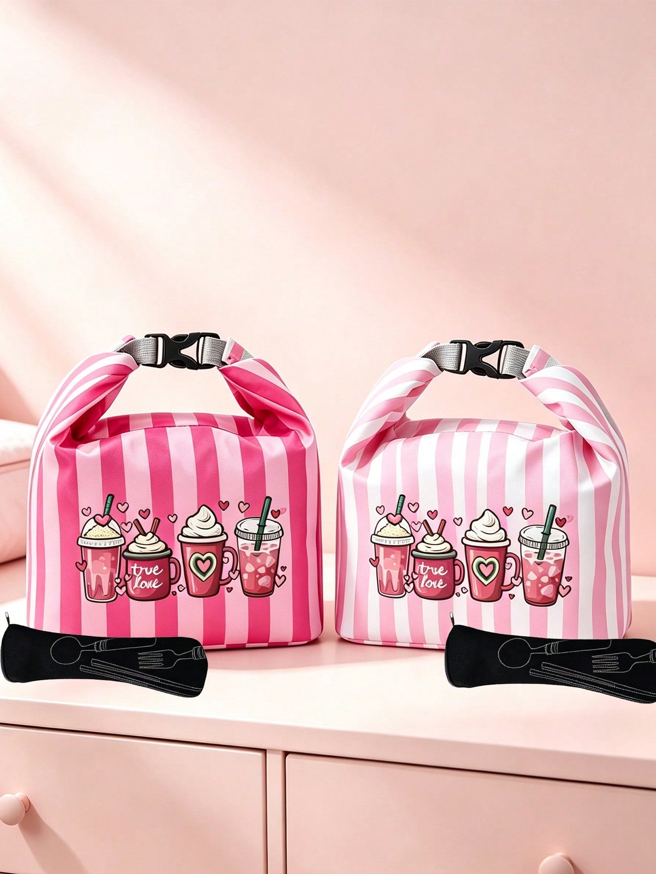 Milk Tea Print Pattern Bento Tote Bag, Pink And Magenta Striped Printed Handbag, With Black Cutlery Storage Bag, Yard Picnic Supplies, Large Capacity Insulated Lunch Bag, Student Lunch Insulated Bag