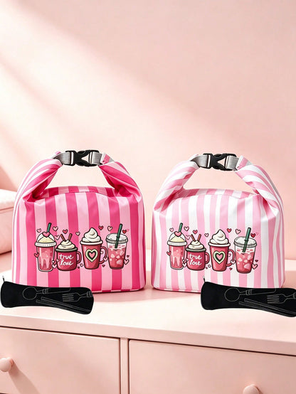 Milk Tea Print Pattern Bento Tote Bag, Pink And Magenta Striped Printed Handbag, With Black Cutlery Storage Bag, Yard Picnic Supplies, Large Capacity Insulated Lunch Bag, Student Lunch Insulated Bag