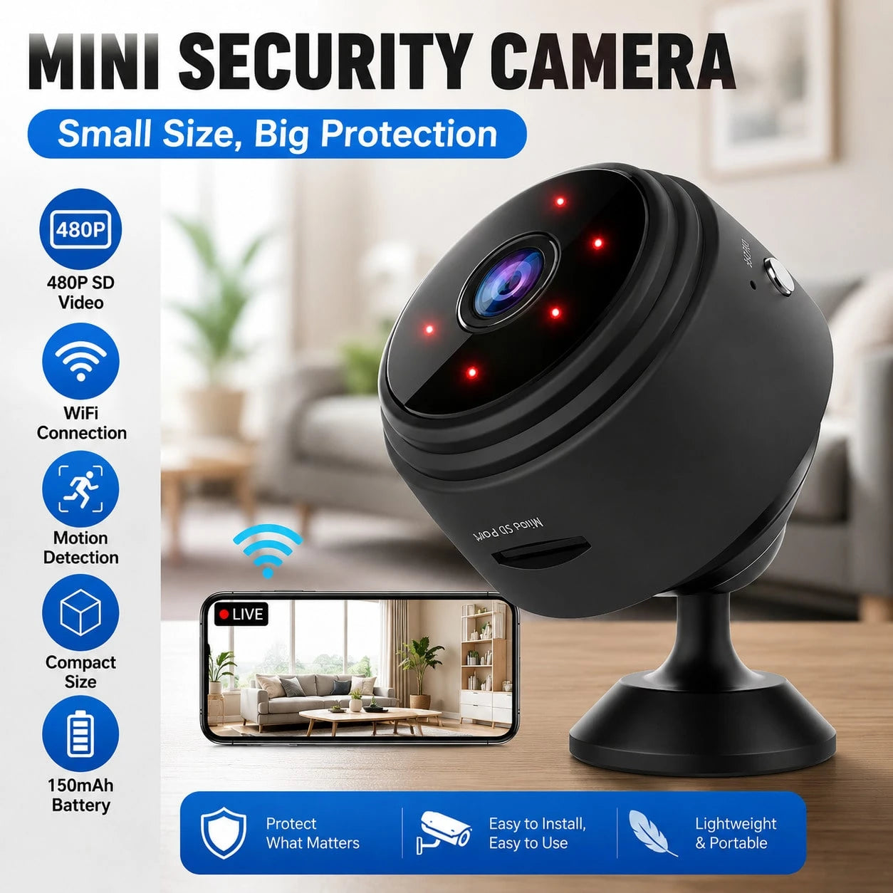 Mini WiFi Camera HD Portable Mobile Detection Compact Wireless Indoor Video Recorder Portable Installation Rechargeable Battery Home Small Monitor