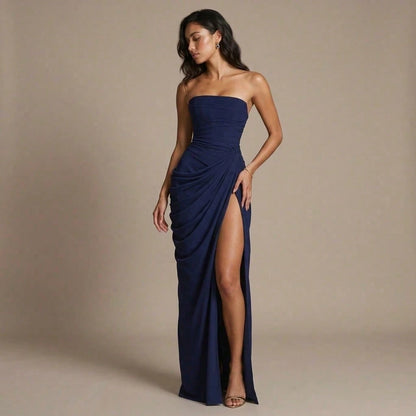 Minimal Pastel Yellow Strapless Maxi, Tube Neck Side Draped Ruched High Slit Soft Chiffon Floor Prom Formal Party Dress