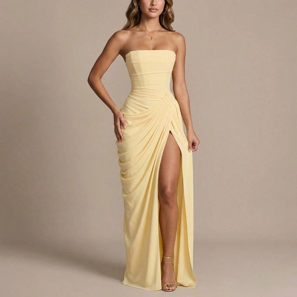 Minimal Pastel Yellow Strapless Maxi, Tube Neck Side Draped Ruched High Slit Soft Chiffon Floor Prom Formal Party Dress