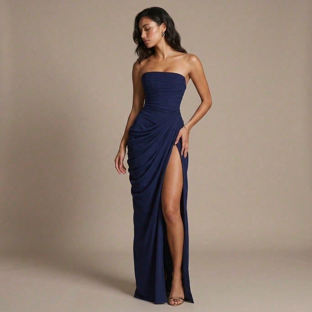 Minimal Pastel Yellow Strapless Maxi, Tube Neck Side Draped Ruched High Slit Soft Chiffon Floor Prom Formal Party Dress
