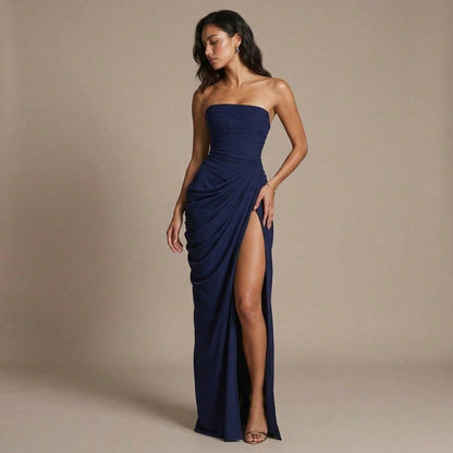 Minimal Pastel Yellow Strapless Maxi, Tube Neck Side Draped Ruched High Slit Soft Chiffon Floor Prom Formal Party Dress