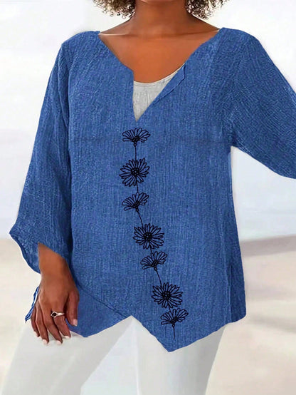 Minimalist Floral Embroidery Plus Size Women Shirt