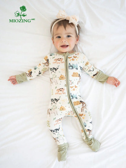 MIOZING Baby Farm Animal Romper, Tractor Cow Horse Chicken Print Bamboo Zipper Jumpsuit, All Season Daily Lounge Playwear For Baby Boys