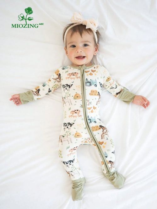MIOZING Baby Farm Animal Romper, Tractor Cow Horse Chicken Print Bamboo Zipper Jumpsuit, All Season Daily Lounge Playwear For Baby Boys