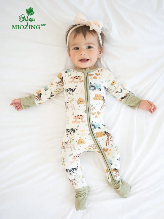 MIOZING Baby Farm Animal Romper, Tractor Cow Horse Chicken Print Bamboo Zipper Jumpsuit, All Season Daily Lounge Playwear For Baby Boys