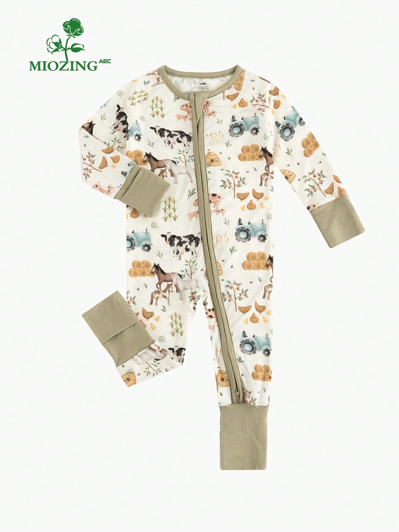 MIOZING Baby Farm Animal Romper, Tractor Cow Horse Chicken Print Bamboo Zipper Jumpsuit, All Season Daily Lounge Playwear For Baby Boys