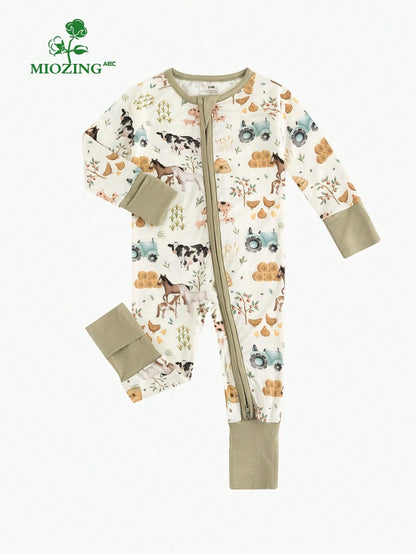 MIOZING Baby Farm Animal Romper, Tractor Cow Horse Chicken Print Bamboo Zipper Jumpsuit, All Season Daily Lounge Playwear For Baby Boys
