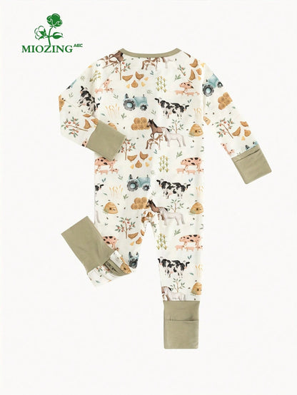 MIOZING Baby Farm Animal Romper, Tractor Cow Horse Chicken Print Bamboo Zipper Jumpsuit, All Season Daily Lounge Playwear For Baby Boys