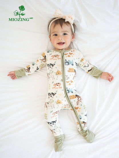 MIOZING Baby Farm Animal Romper, Tractor Cow Horse Chicken Print Bamboo Zipper Jumpsuit, All Season Daily Lounge Playwear For Baby Boys
