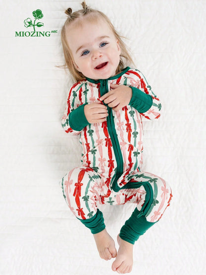 MIOZING Christmas Baby Girl Bamboo Romper, Tricolor Bow Print Long Sleeve Zipper Jumpsuit, Soft Breathable Daily & Holiday Toddler Outfit