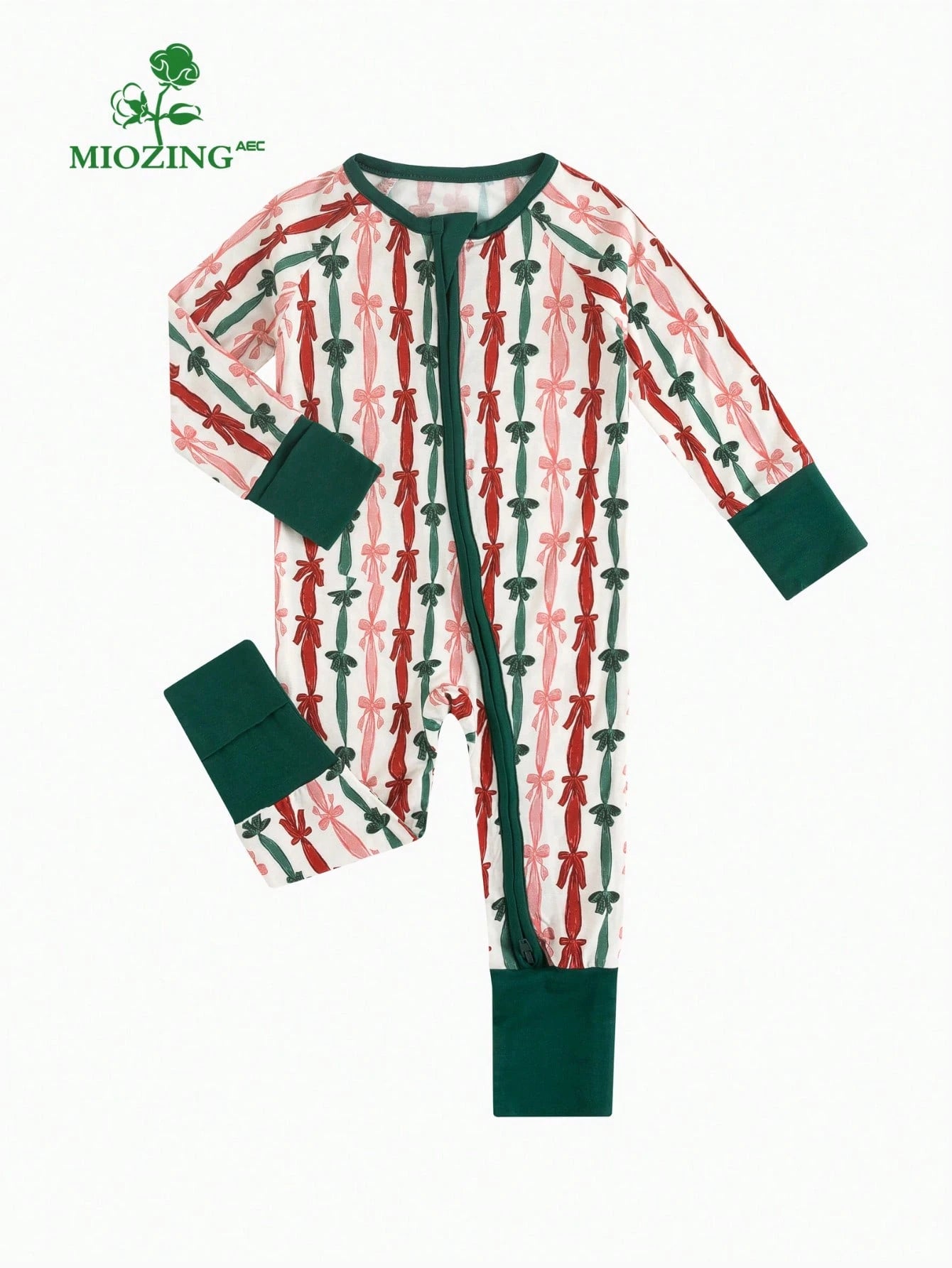 MIOZING Christmas Baby Girl Bamboo Romper, Tricolor Bow Print Long Sleeve Zipper Jumpsuit, Soft Breathable Daily & Holiday Toddler Outfit