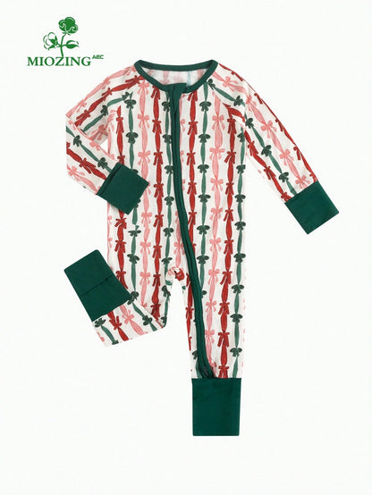 MIOZING Christmas Baby Girl Bamboo Romper, Tricolor Bow Print Long Sleeve Zipper Jumpsuit, Soft Breathable Daily & Holiday Toddler Outfit