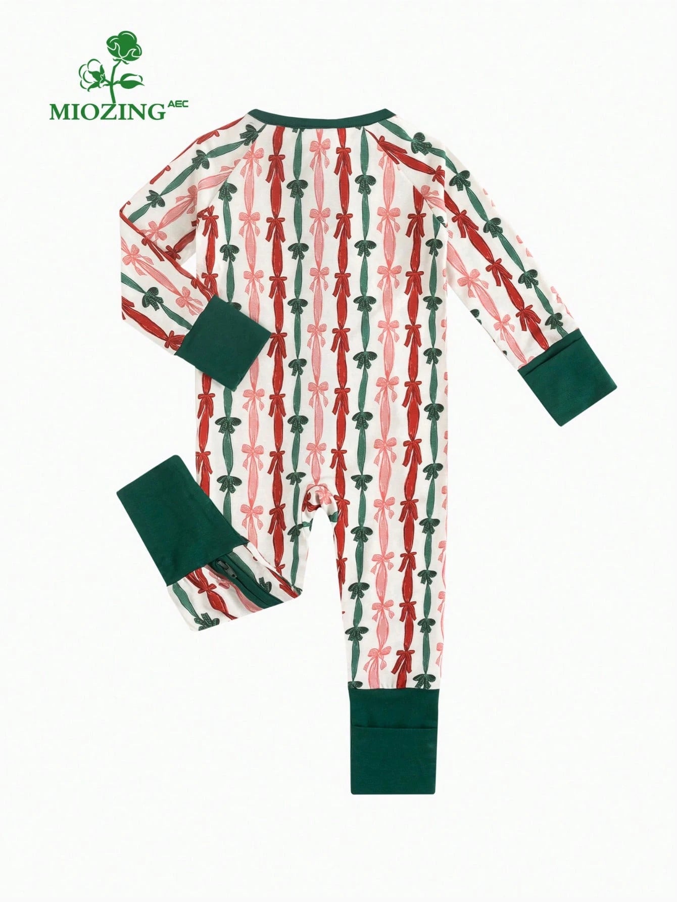 MIOZING Christmas Baby Girl Bamboo Romper, Tricolor Bow Print Long Sleeve Zipper Jumpsuit, Soft Breathable Daily & Holiday Toddler Outfit