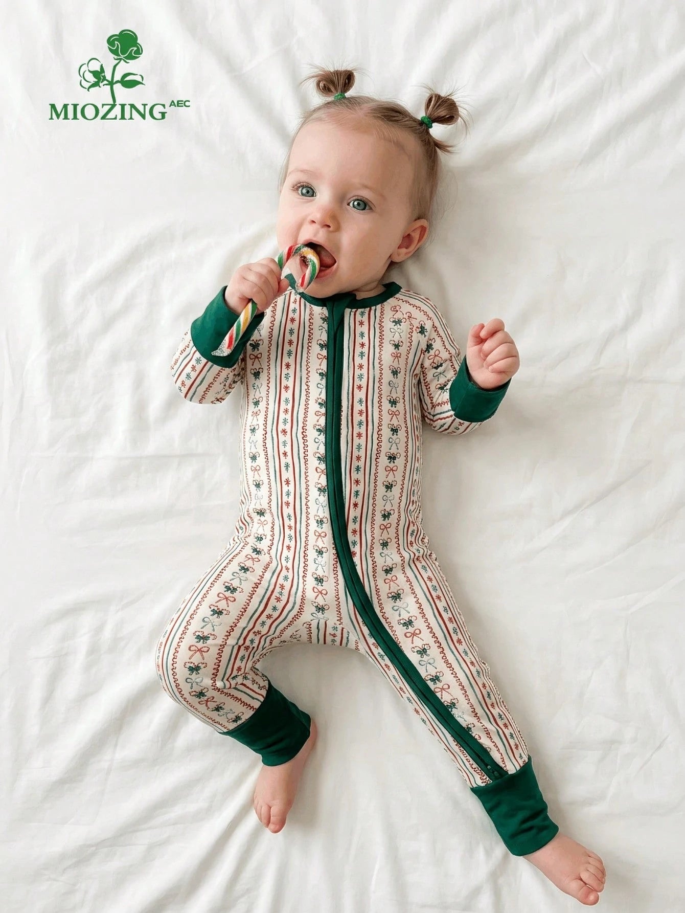 MIOZING Christmas Bow Stripe Baby Romper, Long Sleeve Zipper Jumpsuit, Daily Outdoor Festive Wear, Soft Bamboo Fiber Fabric For Baby Girls