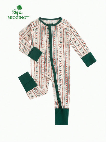 MIOZING Christmas Bow Stripe Baby Romper, Long Sleeve Zipper Jumpsuit, Daily Outdoor Festive Wear, Soft Bamboo Fiber Fabric For Baby Girls