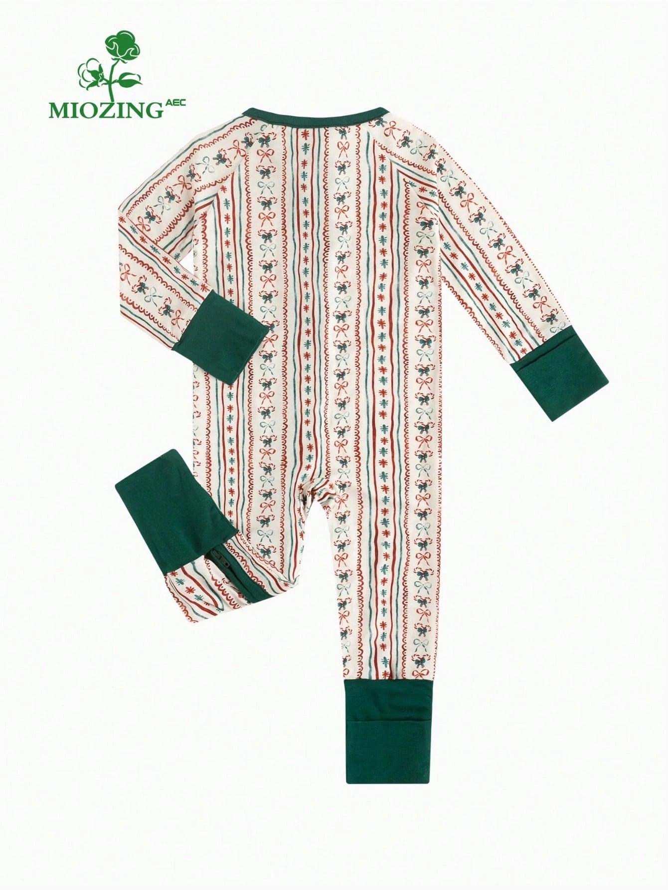 MIOZING Christmas Bow Stripe Baby Romper, Long Sleeve Zipper Jumpsuit, Daily Outdoor Festive Wear, Soft Bamboo Fiber Fabric For Baby Girls