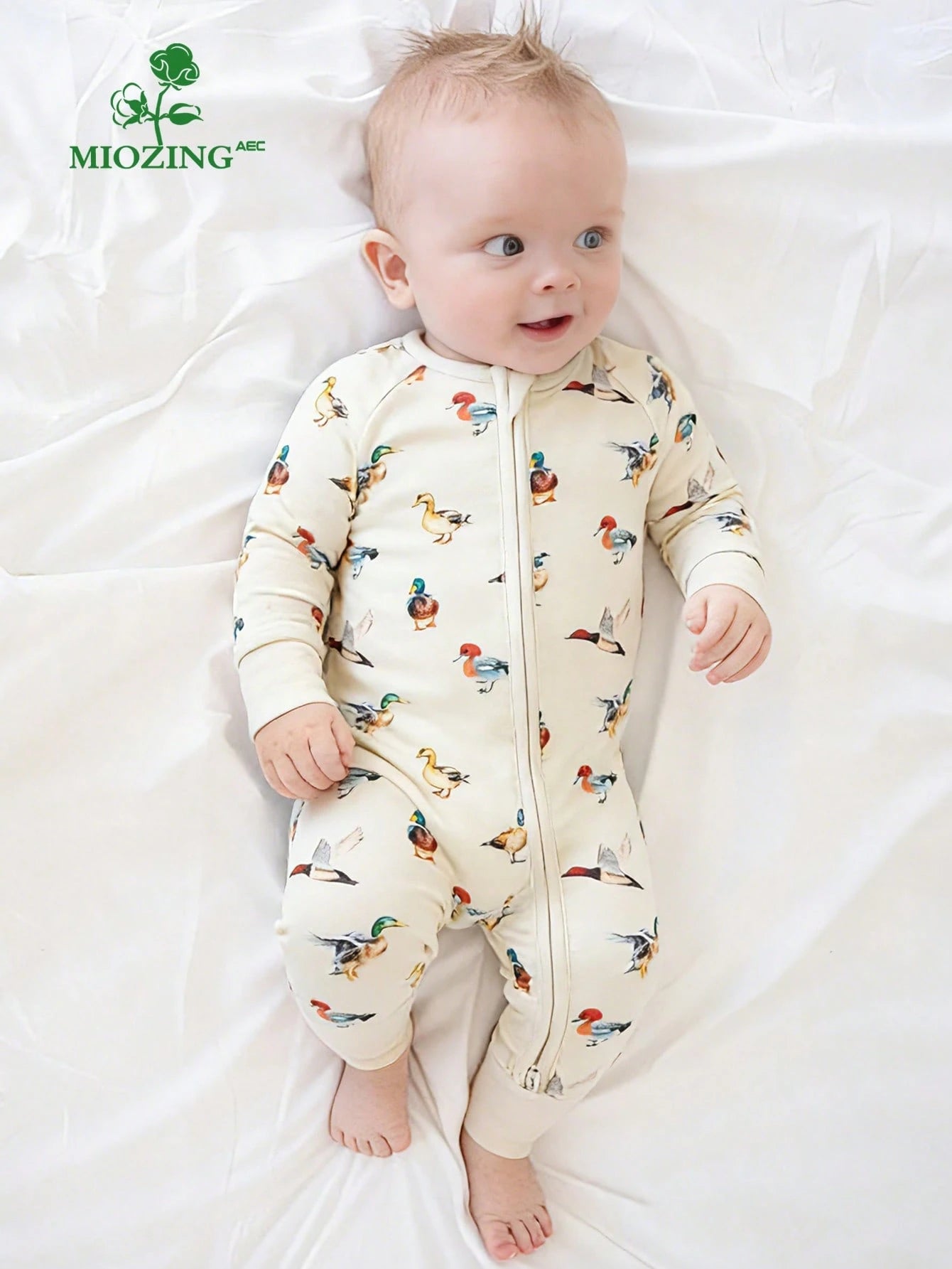 MIOZING Cute Wild Duck Print Full Zip Long Sleeve Baby Romper, All Season Everyday Casual Outfit, Soft Skin-Friendly Bamboo Fiber Fabric For Baby Girl