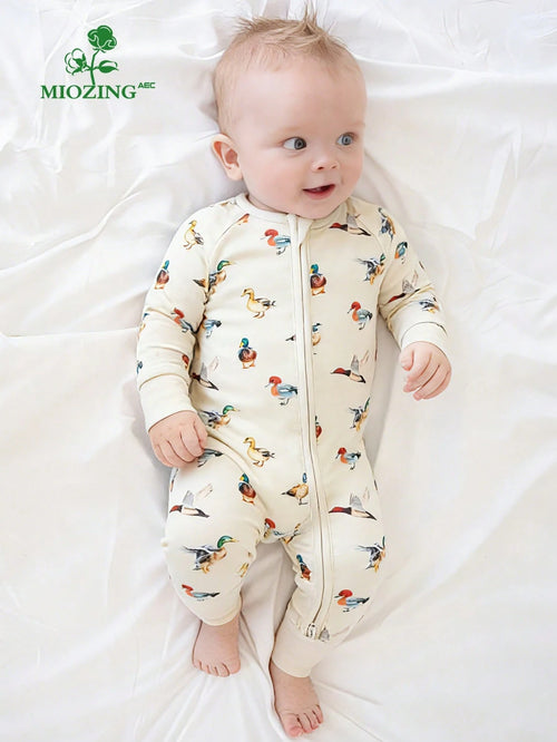 MIOZING Cute Wild Duck Print Full Zip Long Sleeve Baby Romper, All Season Everyday Casual Outfit, Soft Skin-Friendly Bamboo Fiber Fabric For Baby Girl