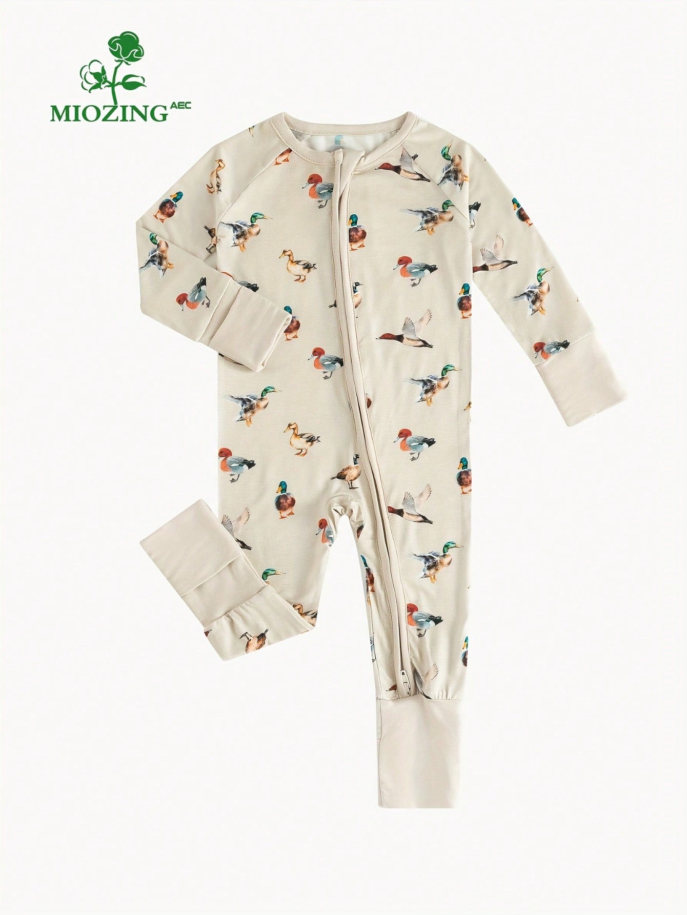 MIOZING Cute Wild Duck Print Full Zip Long Sleeve Baby Romper, All Season Everyday Casual Outfit, Soft Skin-Friendly Bamboo Fiber Fabric For Baby Girl