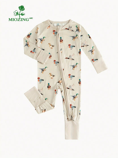 MIOZING Cute Wild Duck Print Full Zip Long Sleeve Baby Romper, All Season Everyday Casual Outfit, Soft Skin-Friendly Bamboo Fiber Fabric For Baby Girl