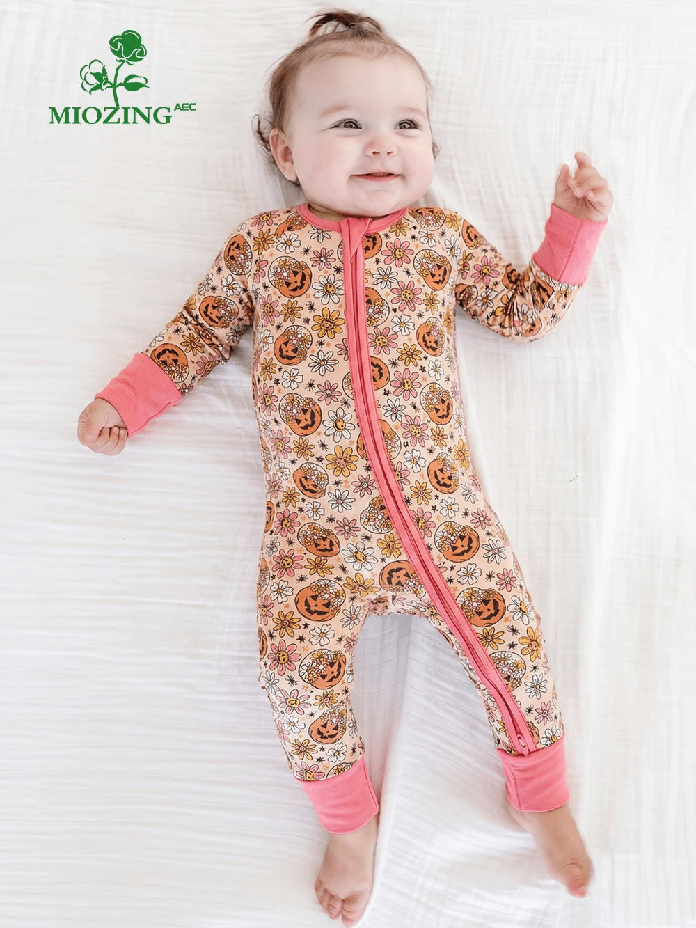 MIOZING Halloween Romper, Long Sleeve Zipper Infant Jumpsuit, Floral Pumpkin Pattern Daily Outfit, Breathable Bamboo Fiber Fabric For Baby Girls