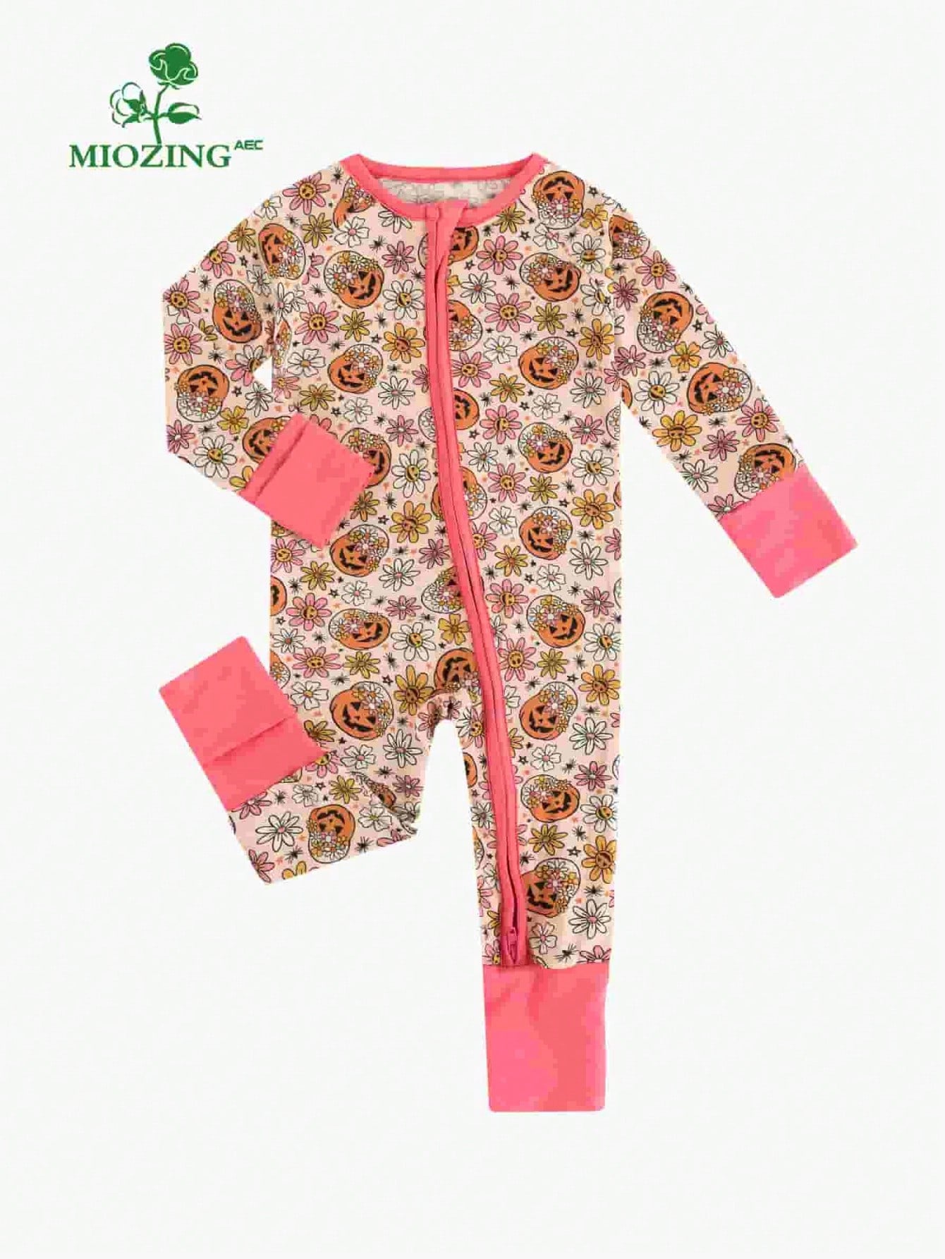 MIOZING Halloween Romper, Long Sleeve Zipper Infant Jumpsuit, Floral Pumpkin Pattern Daily Outfit, Breathable Bamboo Fiber Fabric For Baby Girls