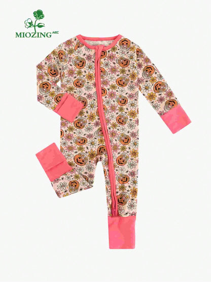 MIOZING Halloween Romper, Long Sleeve Zipper Infant Jumpsuit, Floral Pumpkin Pattern Daily Outfit, Breathable Bamboo Fiber Fabric For Baby Girls