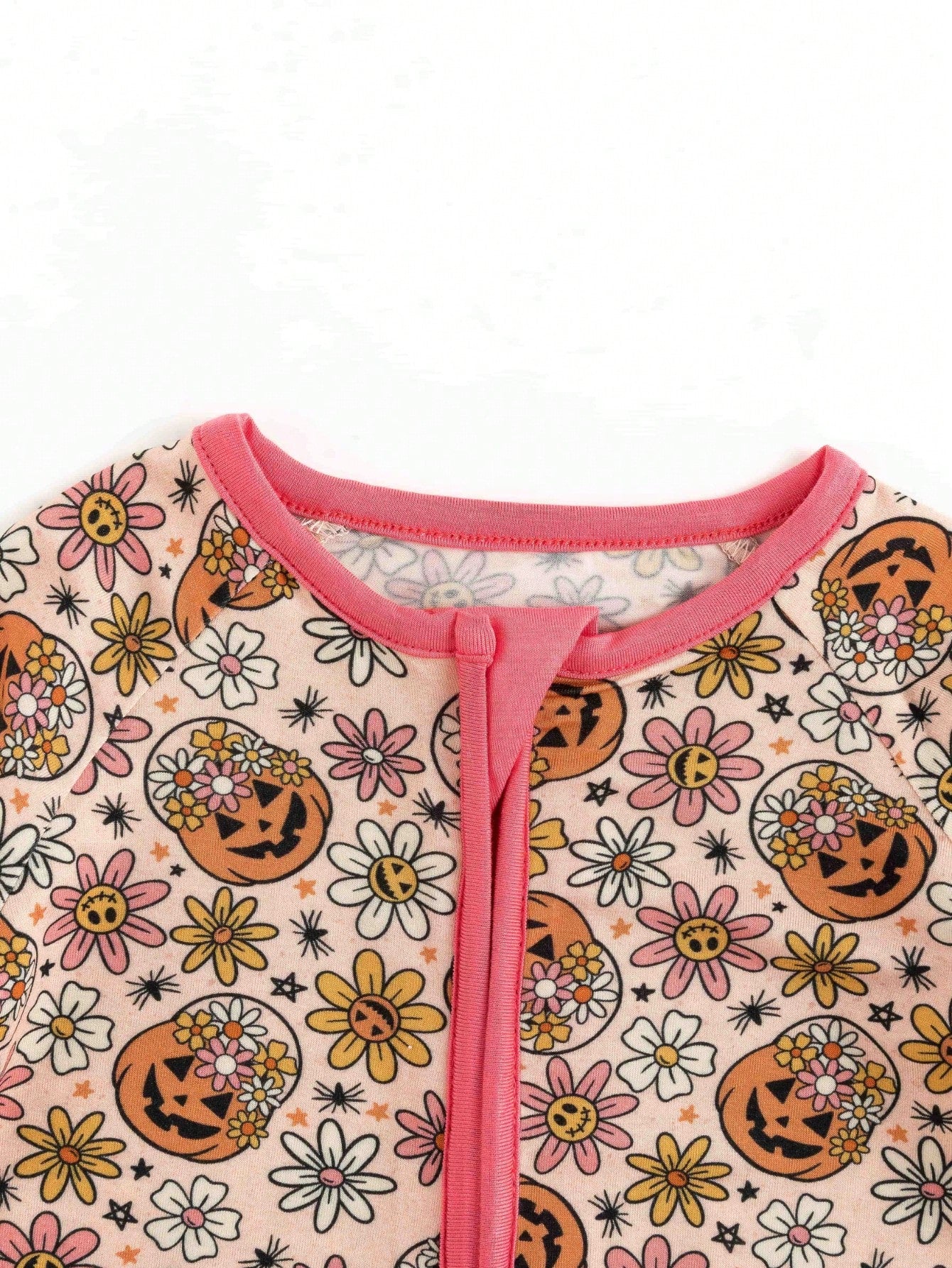 MIOZING Halloween Romper, Long Sleeve Zipper Infant Jumpsuit, Floral Pumpkin Pattern Daily Outfit, Breathable Bamboo Fiber Fabric For Baby Girls