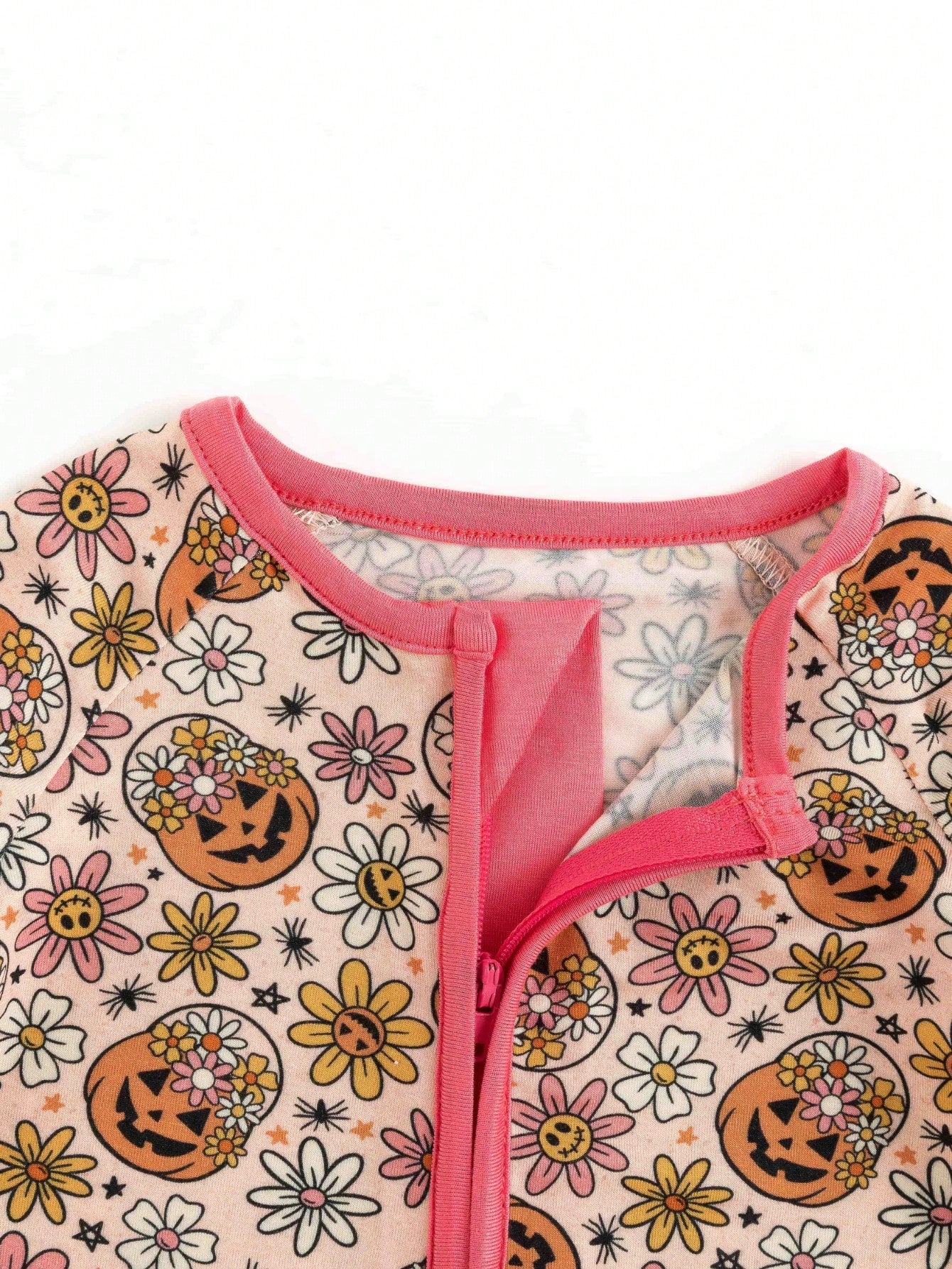MIOZING Halloween Romper, Long Sleeve Zipper Infant Jumpsuit, Floral Pumpkin Pattern Daily Outfit, Breathable Bamboo Fiber Fabric For Baby Girls