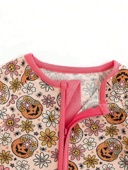 MIOZING Halloween Romper, Long Sleeve Zipper Infant Jumpsuit, Floral Pumpkin Pattern Daily Outfit, Breathable Bamboo Fiber Fabric For Baby Girls