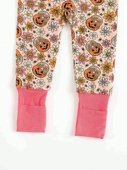 MIOZING Halloween Romper, Long Sleeve Zipper Infant Jumpsuit, Floral Pumpkin Pattern Daily Outfit, Breathable Bamboo Fiber Fabric For Baby Girls