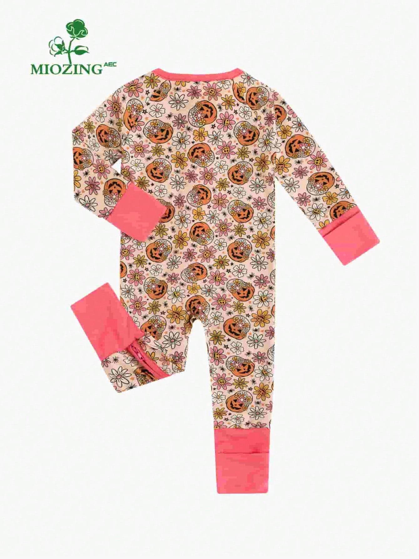 MIOZING Halloween Romper, Long Sleeve Zipper Infant Jumpsuit, Floral Pumpkin Pattern Daily Outfit, Breathable Bamboo Fiber Fabric For Baby Girls