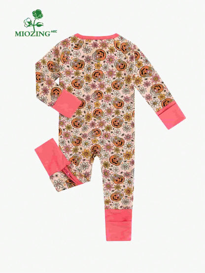MIOZING Halloween Romper, Long Sleeve Zipper Infant Jumpsuit, Floral Pumpkin Pattern Daily Outfit, Breathable Bamboo Fiber Fabric For Baby Girls
