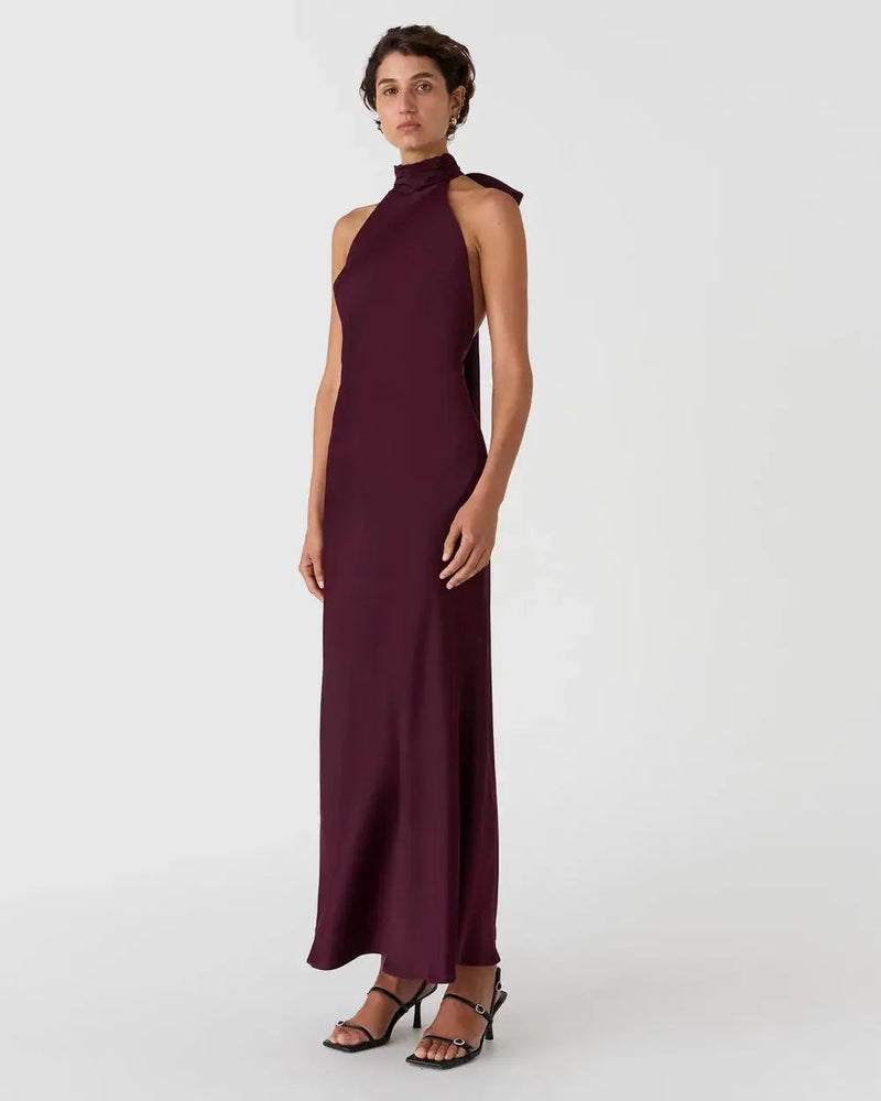 Misha Evianna Satin Gown - Wine - SHOPJAUS - JAUS