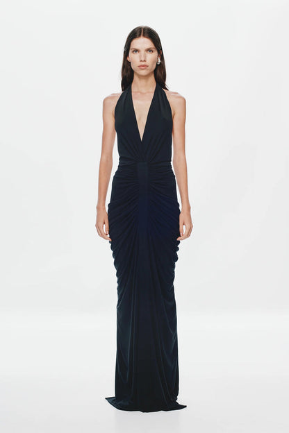 Misha Venus Gathered Cupro Dress - Black