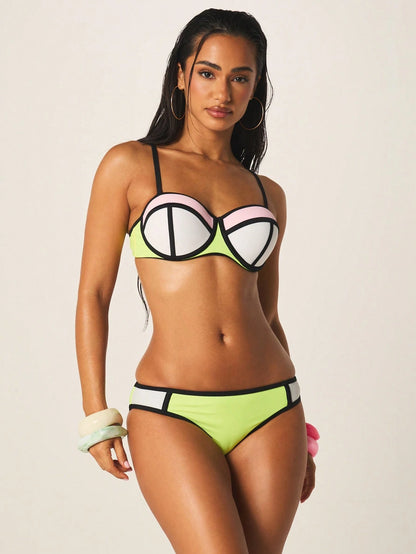 MISSGUIDED Beach Color Block Bikini Set With Geometric Pattern Underwire Top And Mid Rise Bottom Summer Swimwear Two Piece