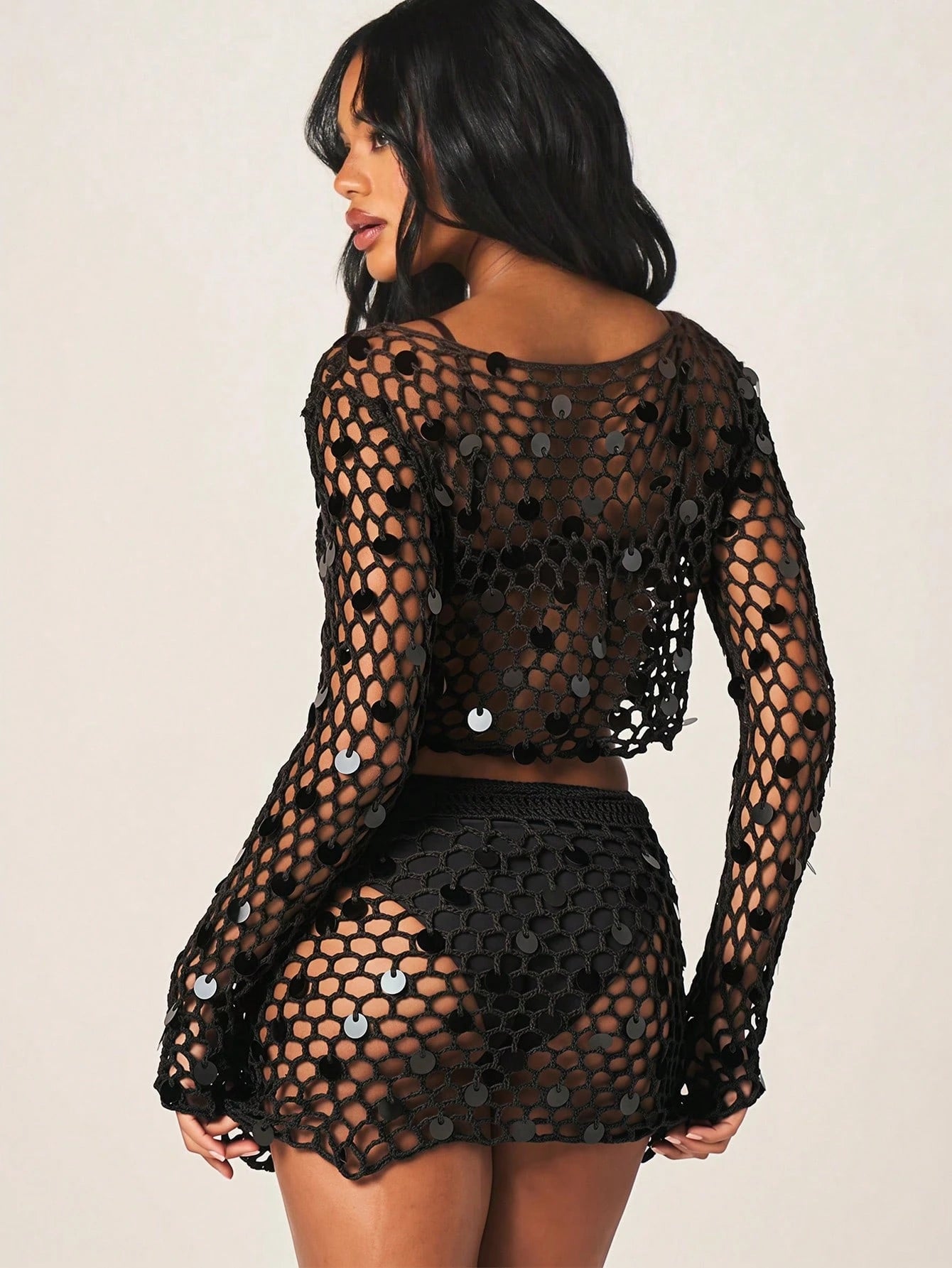 MISSGUIDED Crochet Mini Skirt Cover-Up With Sequin Disc Embellishments And Sheer Open Knit Design For Beach Summer