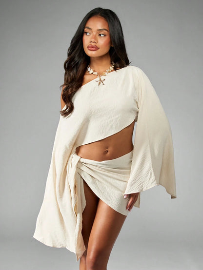 MISSGUIDED Elegant Beach Line Feel Co-Ord Set Ruffled Wrap Skirt Long Bell Sleeve One Shoulder Cover Up Summer Resort Boho Pool Party Swim Dress