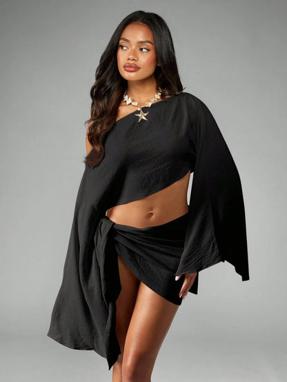 MISSGUIDED Elegant Beach Line Feel Co-Ord Set Ruffled Wrap Skirt Long Bell Sleeve One Shoulder Cover Up Summer Resort Boho Pool Party Swim Dress