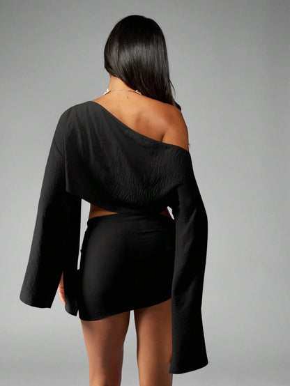 MISSGUIDED Elegant Beach Line Feel Co-Ord Set Ruffled Wrap Skirt Long Bell Sleeve One Shoulder Cover Up Summer Resort Boho Pool Party Swim Dress
