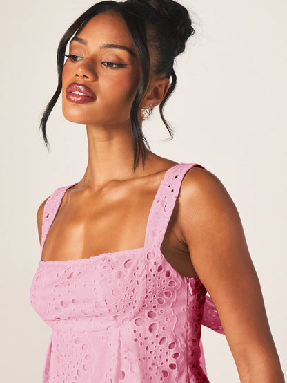 MISSGUIDED Eyelet Embroidered Square Neck Mini Dress With Bow Back And Adjustable Straps Summer Beach