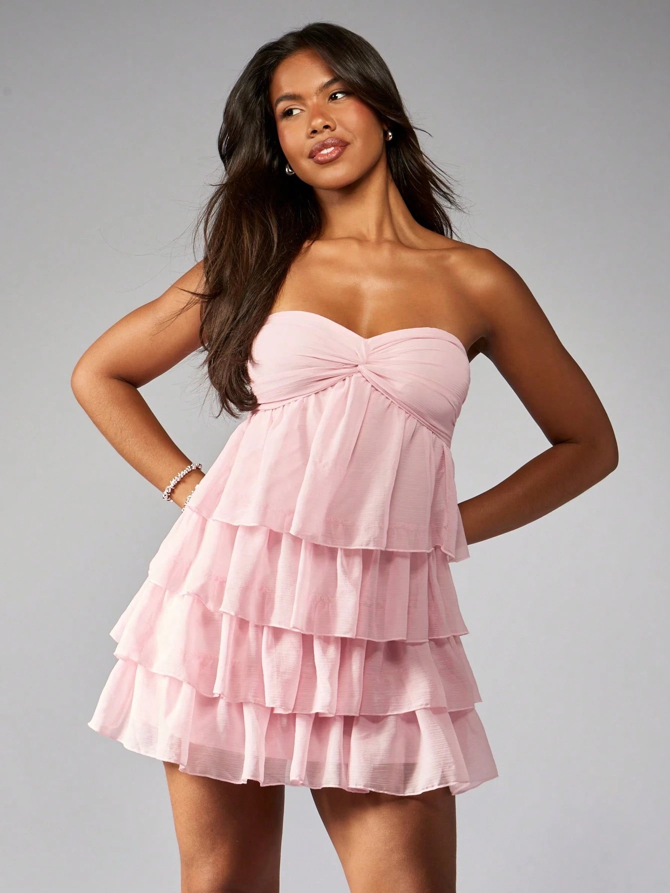 MISSGUIDED Strapless Tiered Ruffle Mini Dress Summer Wedding Guest Spring Garden Sweet Sweetheart Neckline Empire Waist Textured Chiffon Layered Dress