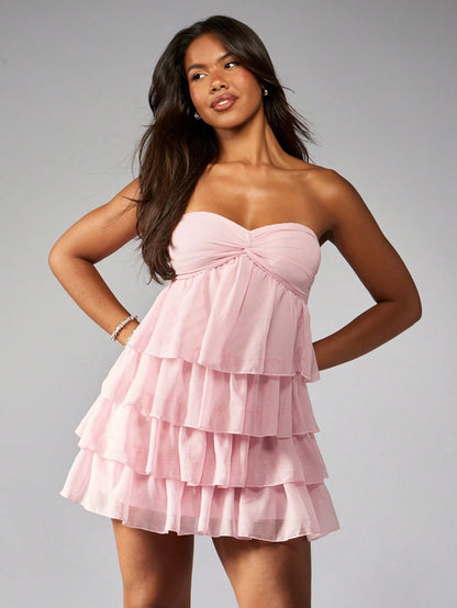MISSGUIDED Strapless Tiered Ruffle Mini Dress Summer Wedding Guest Spring Garden Sweet Sweetheart Neckline Empire Waist Textured Chiffon Layered Dress