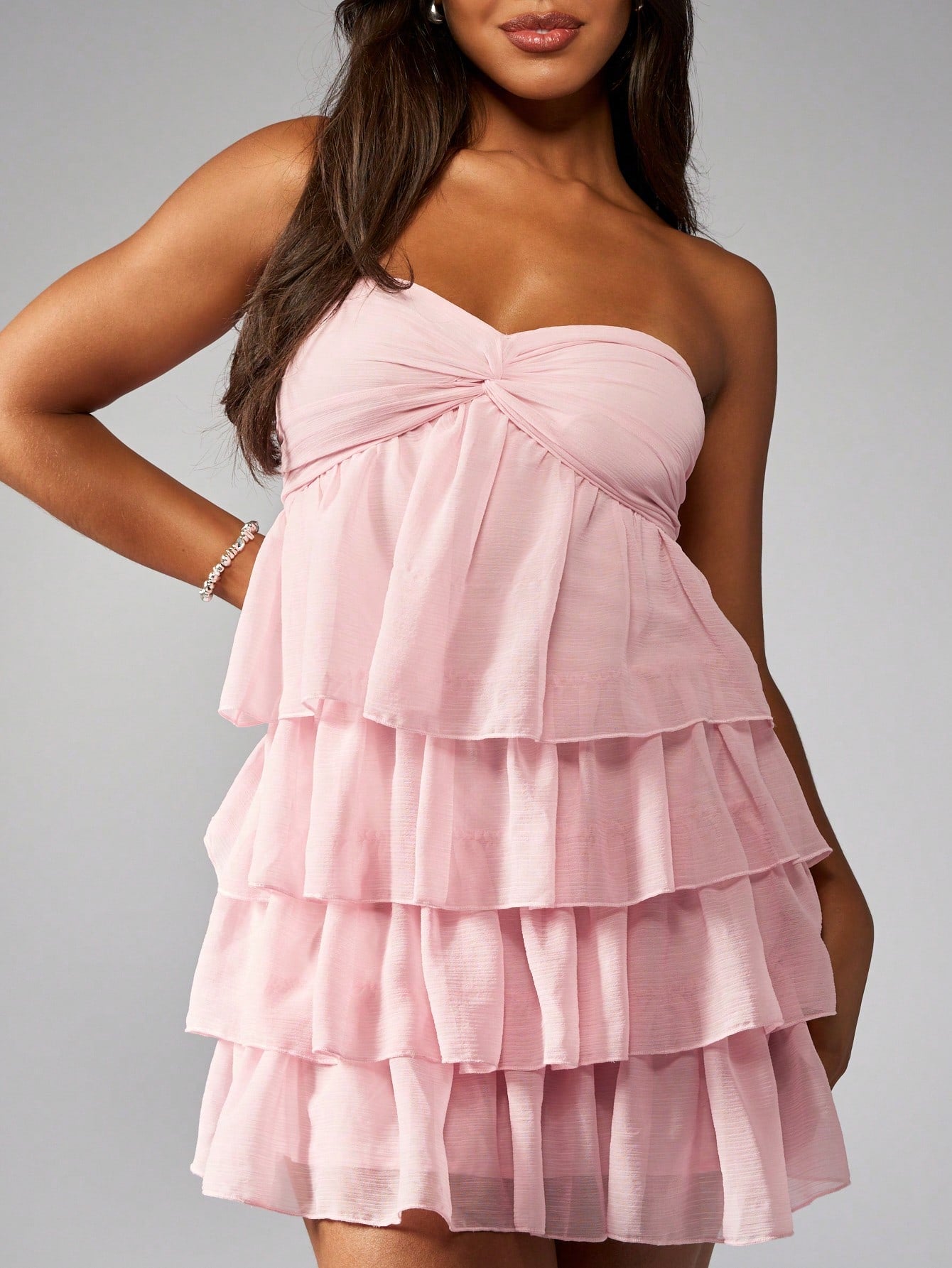 MISSGUIDED Strapless Tiered Ruffle Mini Dress Summer Wedding Guest Spring Garden Sweet Sweetheart Neckline Empire Waist Textured Chiffon Layered Dress